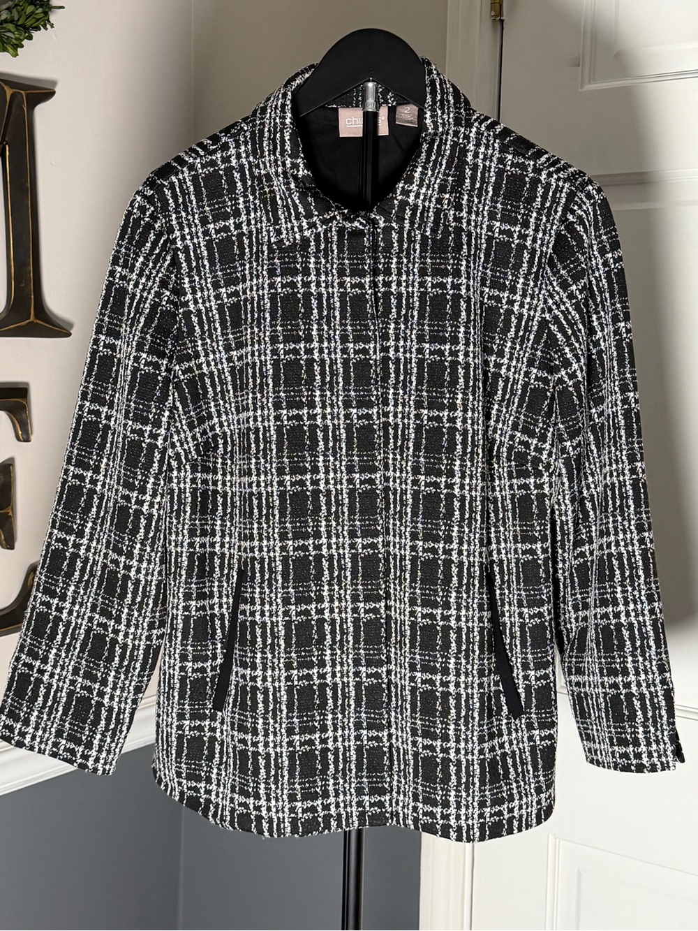 Chico's Black & White Plaid Collar Button Front Ladies Jacket - (220)